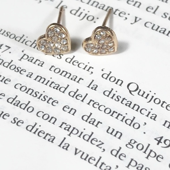 TINY GOLD PAVE HEART STUD EARRINGS - Picture 1 of 1